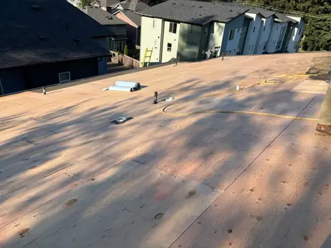 Exposed plywood roof deck before shingle installation